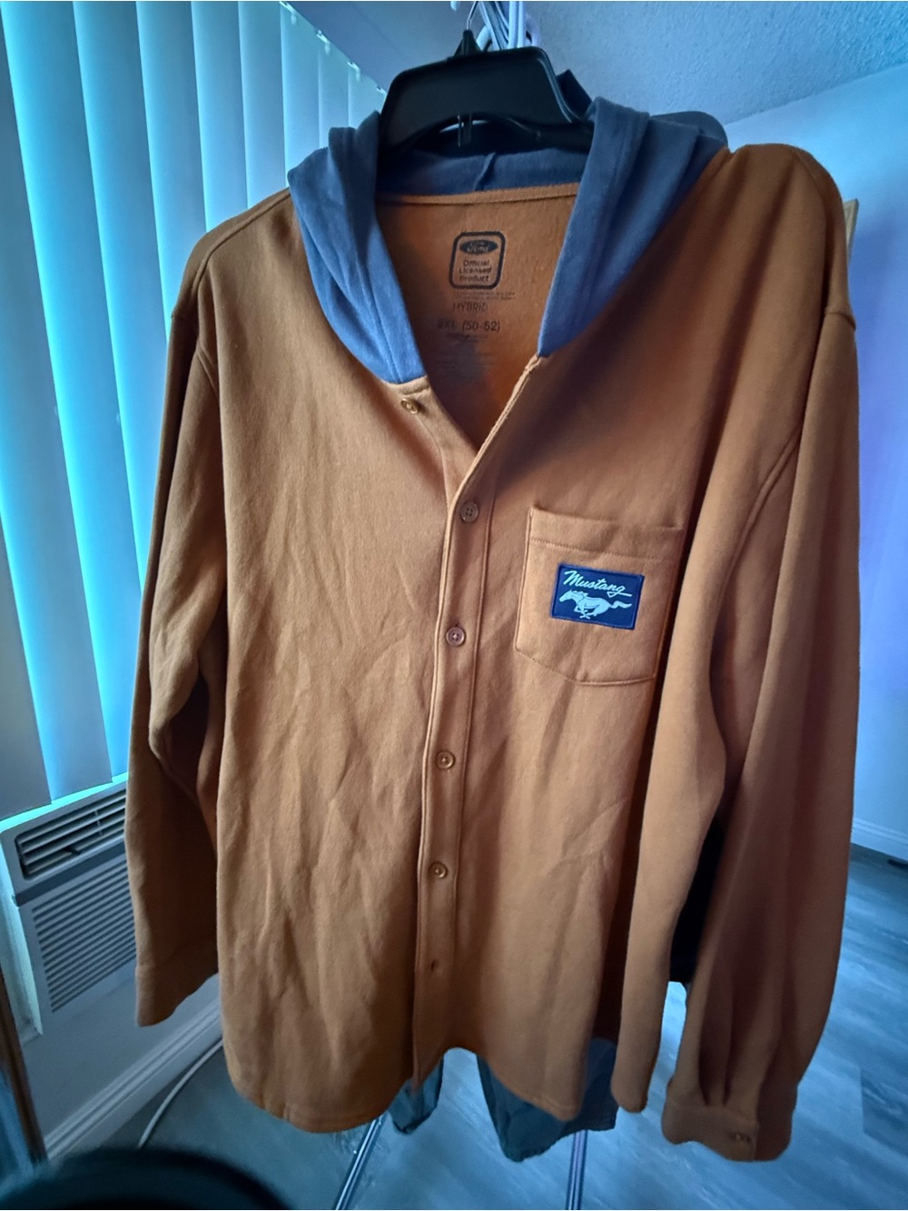 Ford Men's Brown Lightweight Hooded Shirt Jacket with Gray Hood